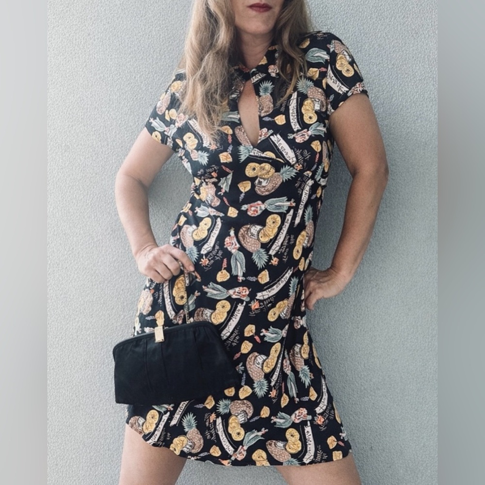 Vintage Sue Wong Hawaiian Pineapple Print Midi Dress with Keyhole Neckline